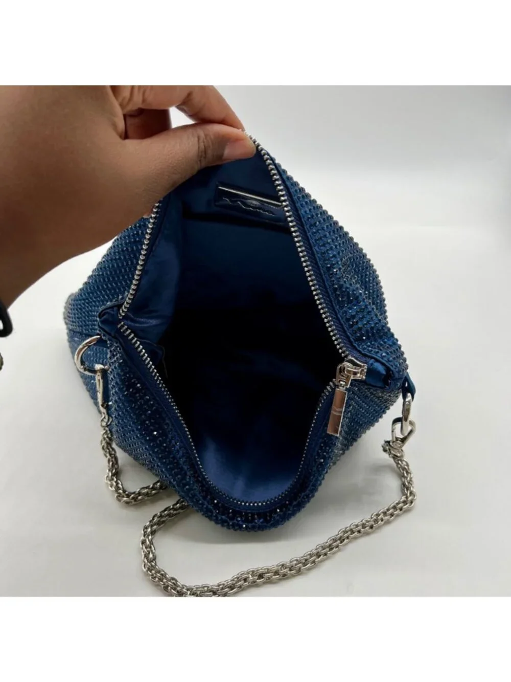 Nina Shoes Navy Glass Crystal Satin Hobo Bag